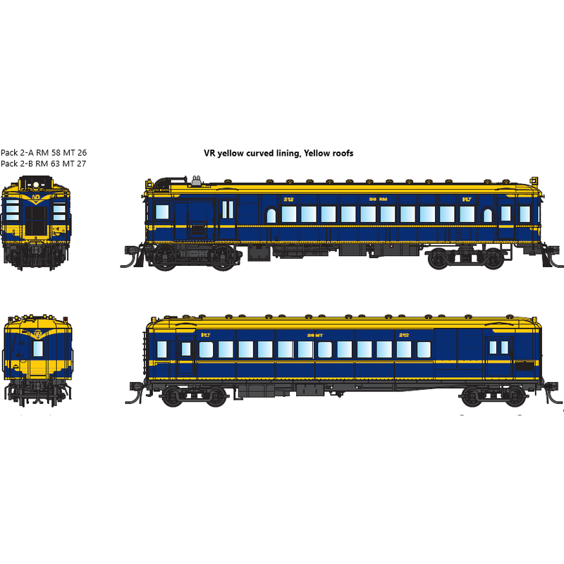 IDR HO VR Derm/MT Trailer Pack 2-B RM63 & MT27 1950s VR Yellow Curved Lining, Yellow Roofs DCC Sound