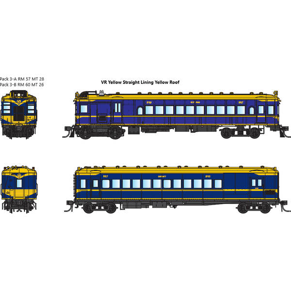 IDR HO VR Derm/MT Trailer Pack 3-B RM60 & MT26 1950s VR Yellow Straight Lining, Yellow Roofs DCC Sound