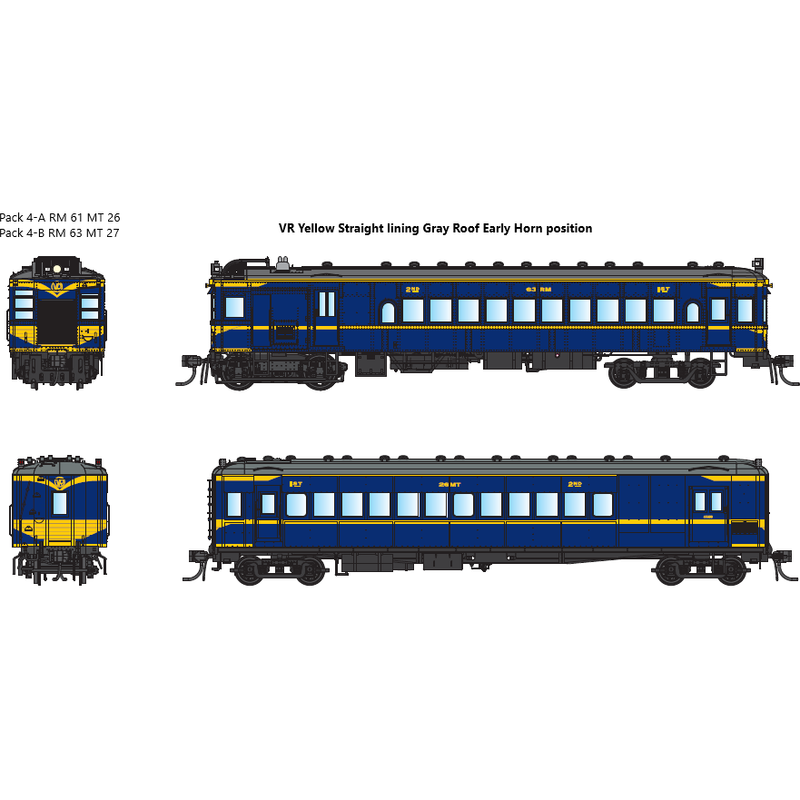 IDR HO VR Derm/MT Trailer Pack 4-A RM61 & MT26 1950s VR Yellow Straight Lining, Gray Roofs DCC Sound