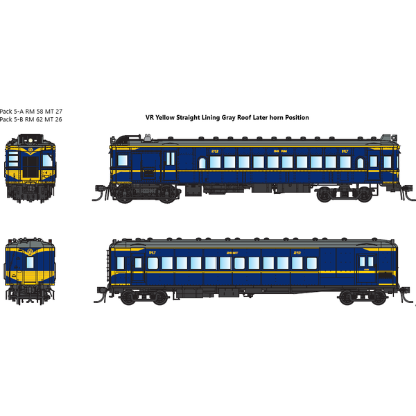 IDR HO VR Derm/MT Trailer Pack 5-A RM58 & MT27 1950s VR Yellow Straight Lining, Gray Roofs DCC Sound