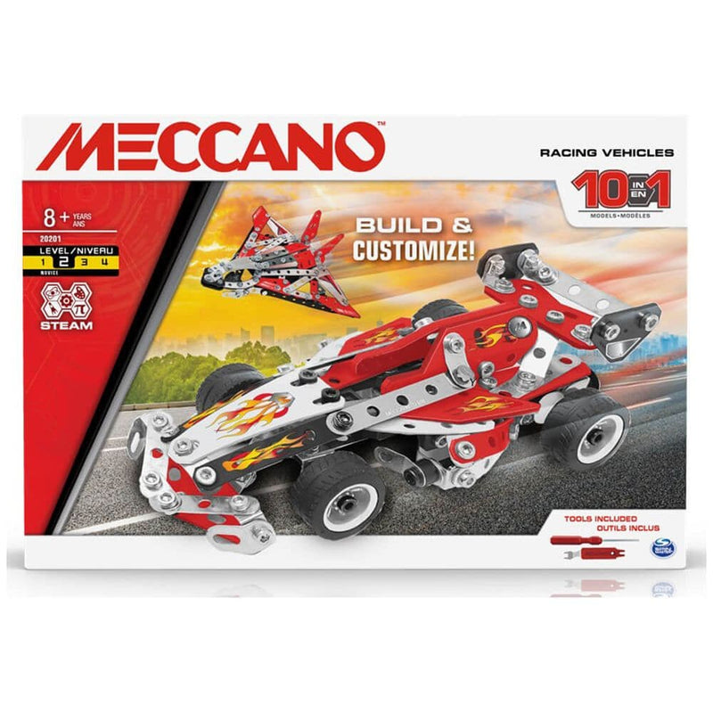 Meccano 10-in-1 Racing Vehicles STEM Model Building Kit with 225 Parts