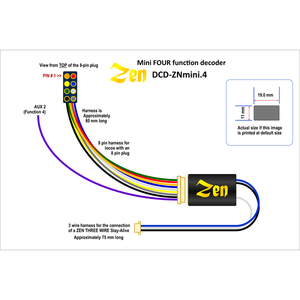 DCC CONCEPTS Zen Black Decoder Mini 8 Pin Harness 4 Function Decoder