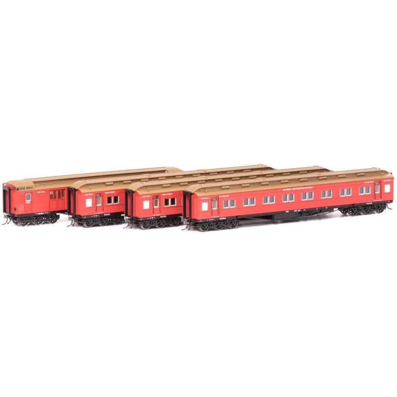 AUSCISION HO The Overland, Carriage Red with Etched "The Overland" Nameplate - 4 Car Set