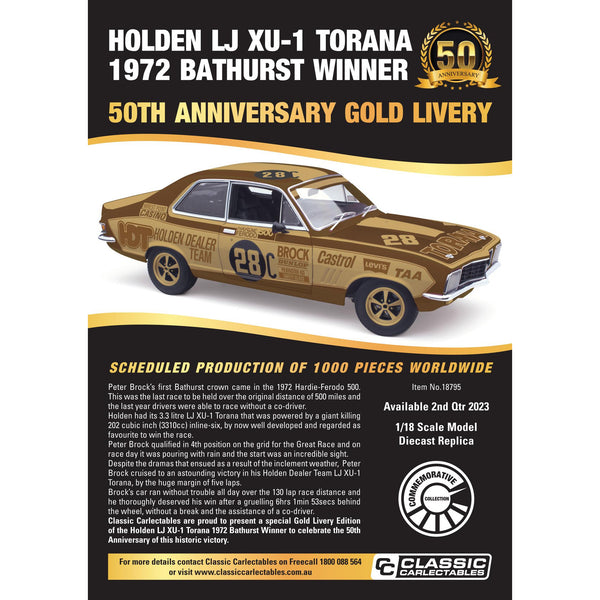 CLASSIC CARLECTABLES 1/18 Holden LJ XU-1 Torana 1972 Bathurst Winner 50th Anniversary Gold Livery