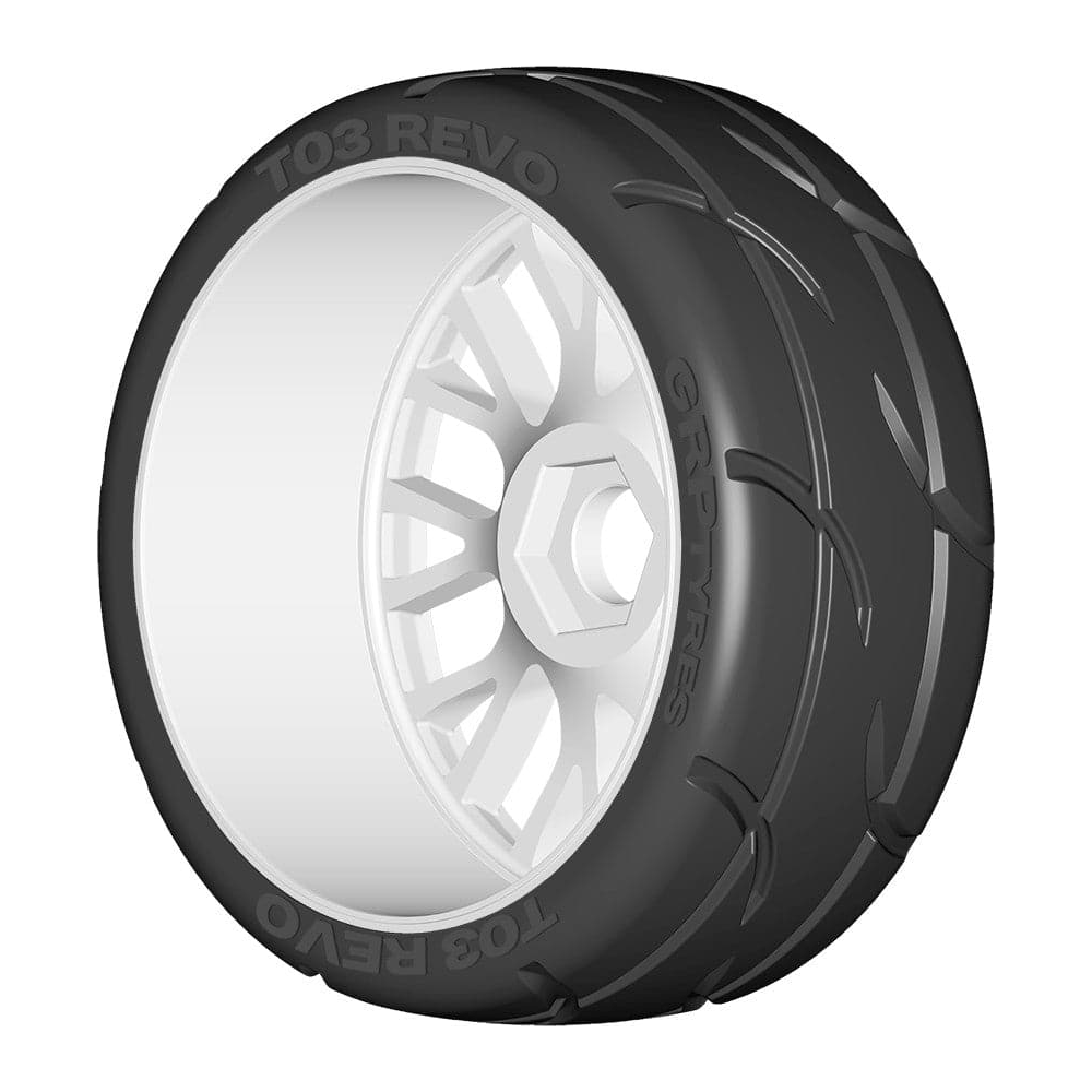 GRP 1/8 GT - T03 Revo - XM4 Soft Medium - Mounted on New 20 Spoked Rigid White Wheel (1 Pair)