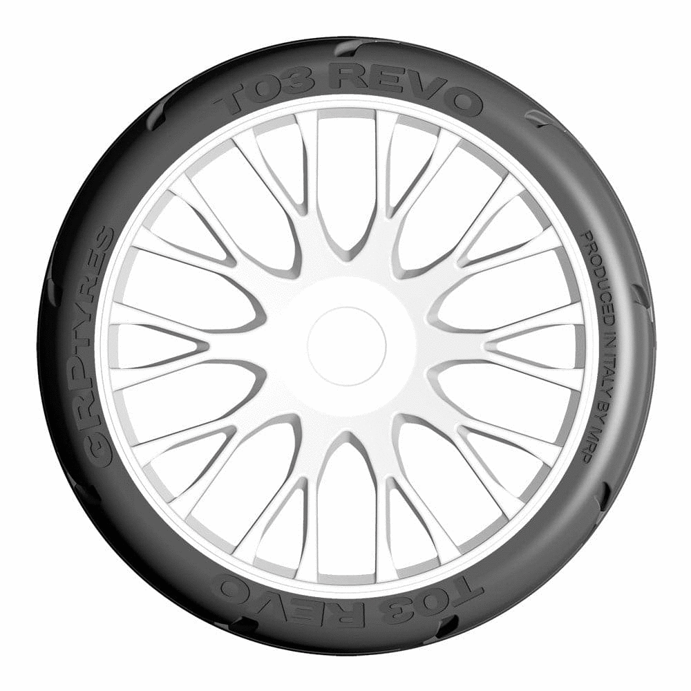 GRP 1/8 GT - T03 Revo - XM4 Soft Medium - Mounted on New 20 Spoked Rigid White Wheel (1 Pair)